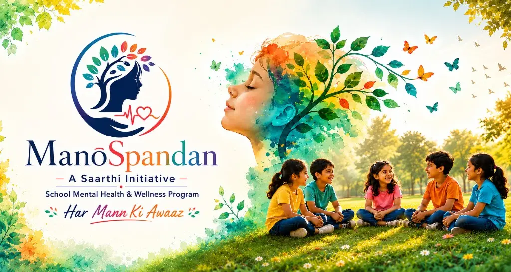 ManoSpandan — school mental health program with children in a sunny park and nurturing growth imagery